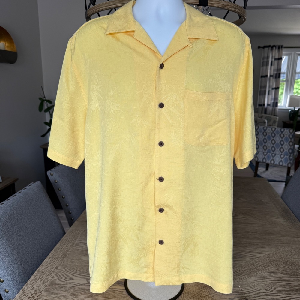 Caribbean Joe Mens Yellow Tropical Jacquard Camp Shirt Short Sleeve Medium
